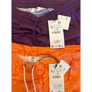 Zara Mens Swim Trunks Bundle XL Purple Solid Orange Floral Print 2 Pack New